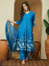 Janasya Women's Blue Cotton Blend Floral Printed Anarkali Kurta Set